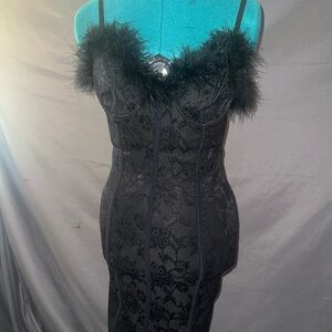 Black Lace Dress with Feather Trim